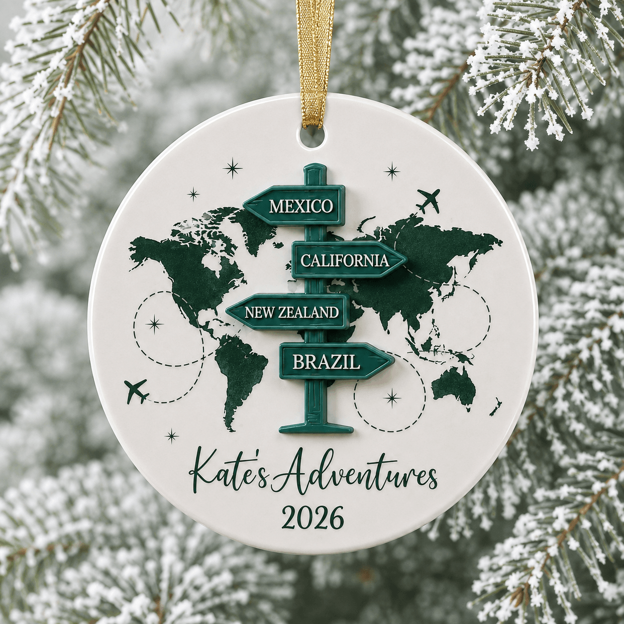 Personalized Travel Christmas Ornament 2026, Custom Name & World Map Signpost, Travel Lover Gift, Adventure Keepsake, Christmas Tree Decor