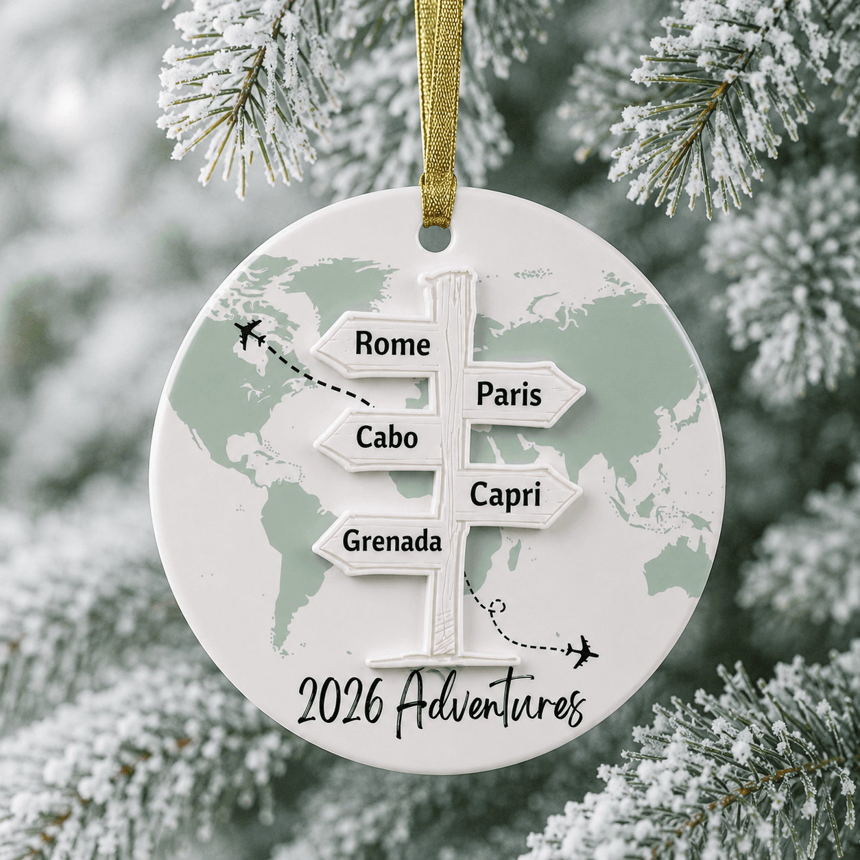 Personalized Travel Christmas Ornament 2026, World Map, Custom Destination Signpost, Adventure Keepsake, Christmas Tree Decor
