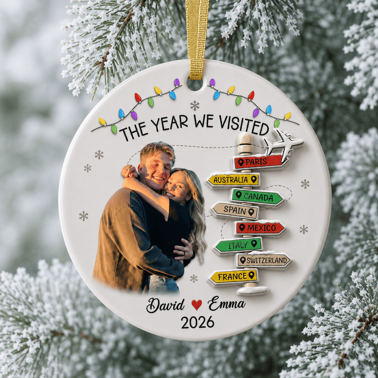 Personalized Couple Travel Christmas Ornament 2026, Custom Photo, Travel Signpost, Anniversary Gift, Adventure Keepsake