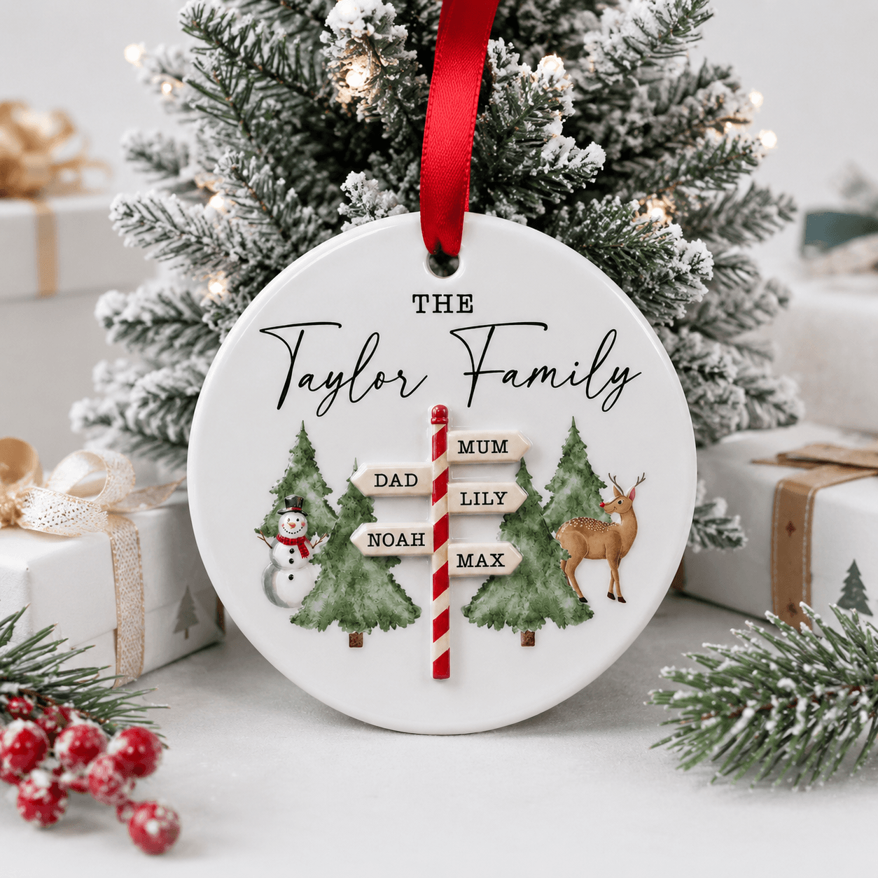 Personalized 3D Family Christmas Ornament 2026 β 2-Layer Ceramic & Acrylic, Custom Name Signpost