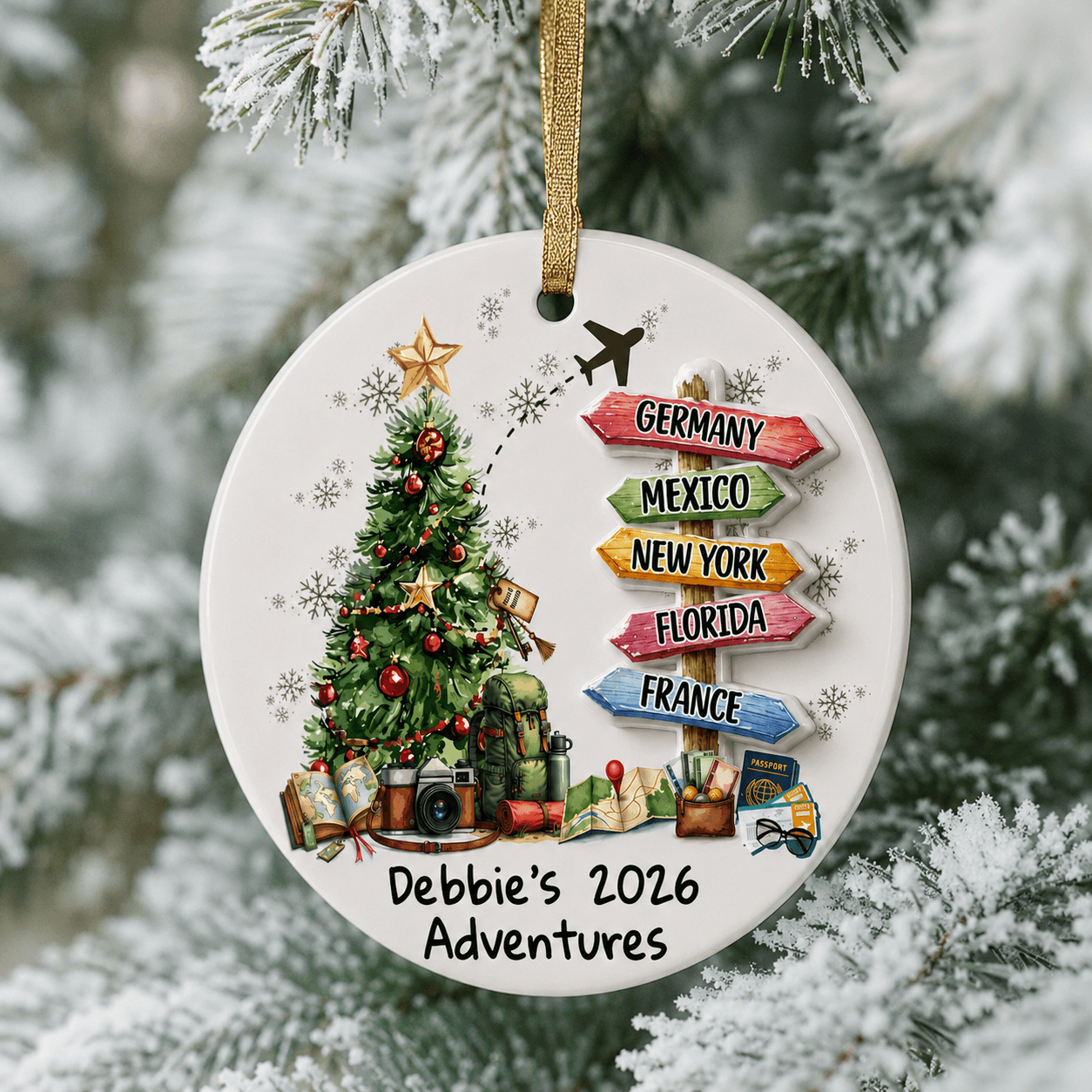 Personalized Travel Christmas Ornament 2026, Custom Name & Country Signpost, World Adventure Keepsake, Christmas Tree Decor