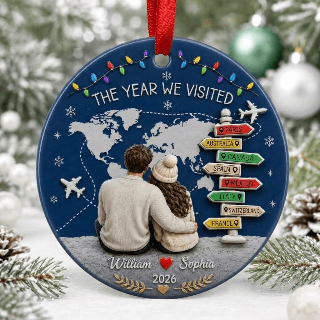 Personalized Couple Travel Christmas Ornament 2026, Custom Photo Travel Ornament, World Map Keepsake, Vacation Memory Gift