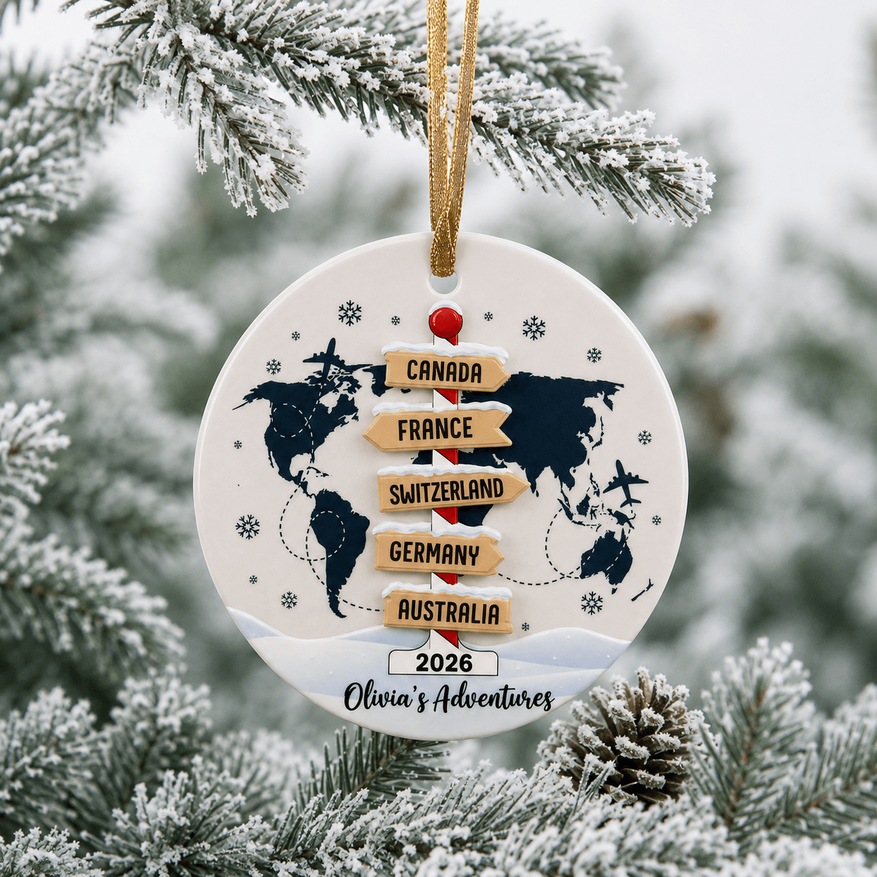 Personalized Travel Christmas Ornament 2026, 2-Layer World Map, Custom Name & Country Signpost, Travel Lover Gift, Family Adventure Keepsake